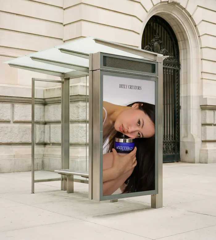 A Deely Creators campaign on a city bus shelter
